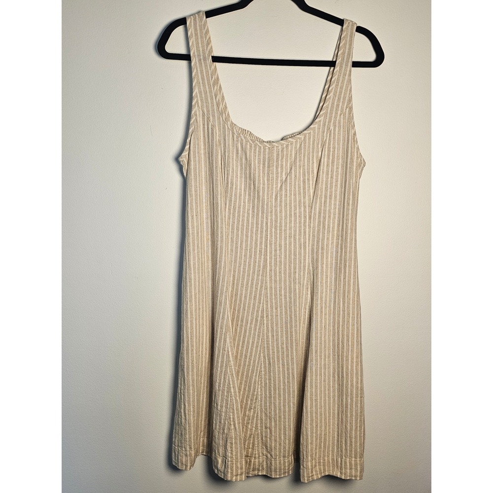 Coastal Boho Linen Blend Striped Mini Dress Womens M Tan White Scoop Neck Summer
